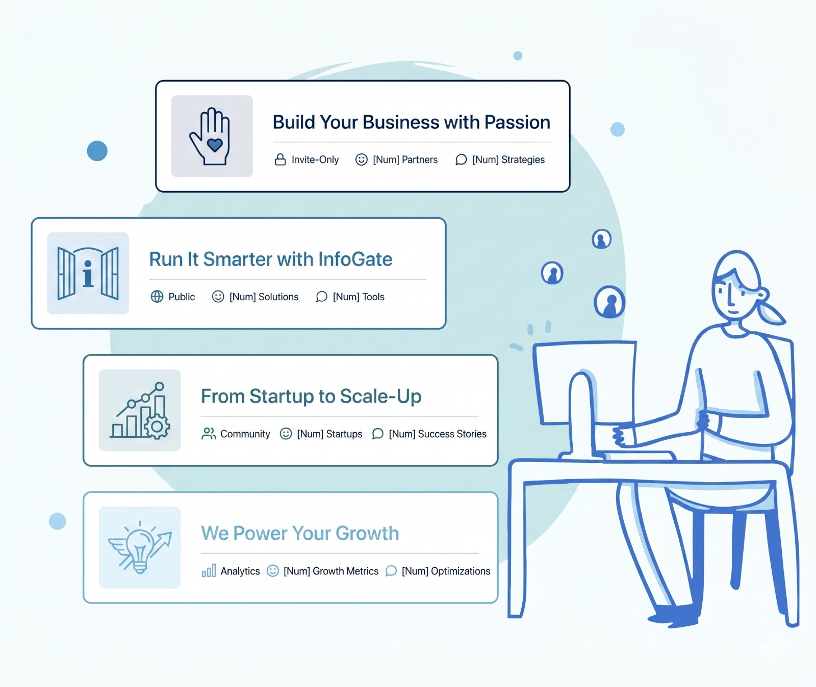 InfoGate hero illustration — business growth, digital ecosystem, and smart operations